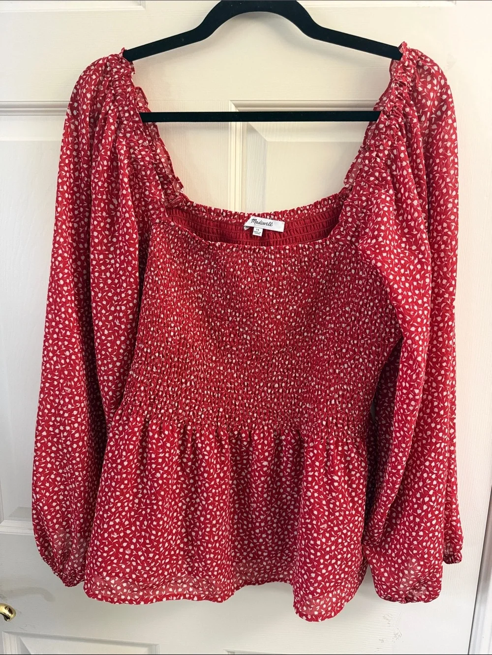 Madewell Red Smocked Peplum Blouse with White Leaf Print